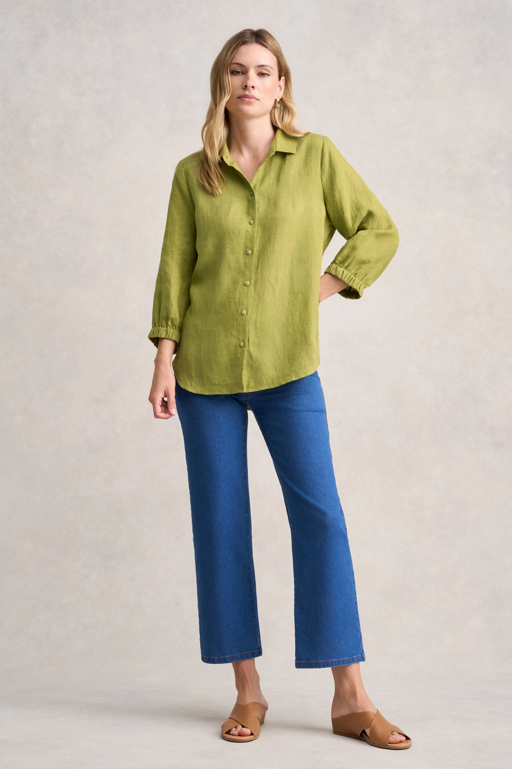 3/4 Sleeve Linen Shirt - Pear Cross Dye