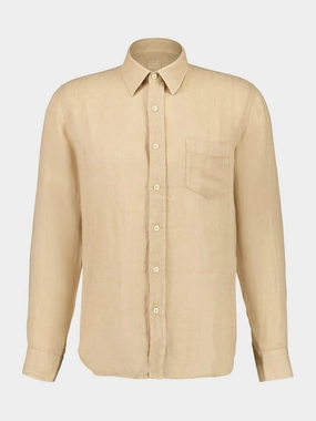 Almond Long-Sleeve Regular Fit Linen Shirt Tops Mens - graphic tees sale