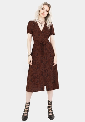 Annabel Raven Print Button Up Midi Dress - Rust Dresses Womens - summer dresses discount