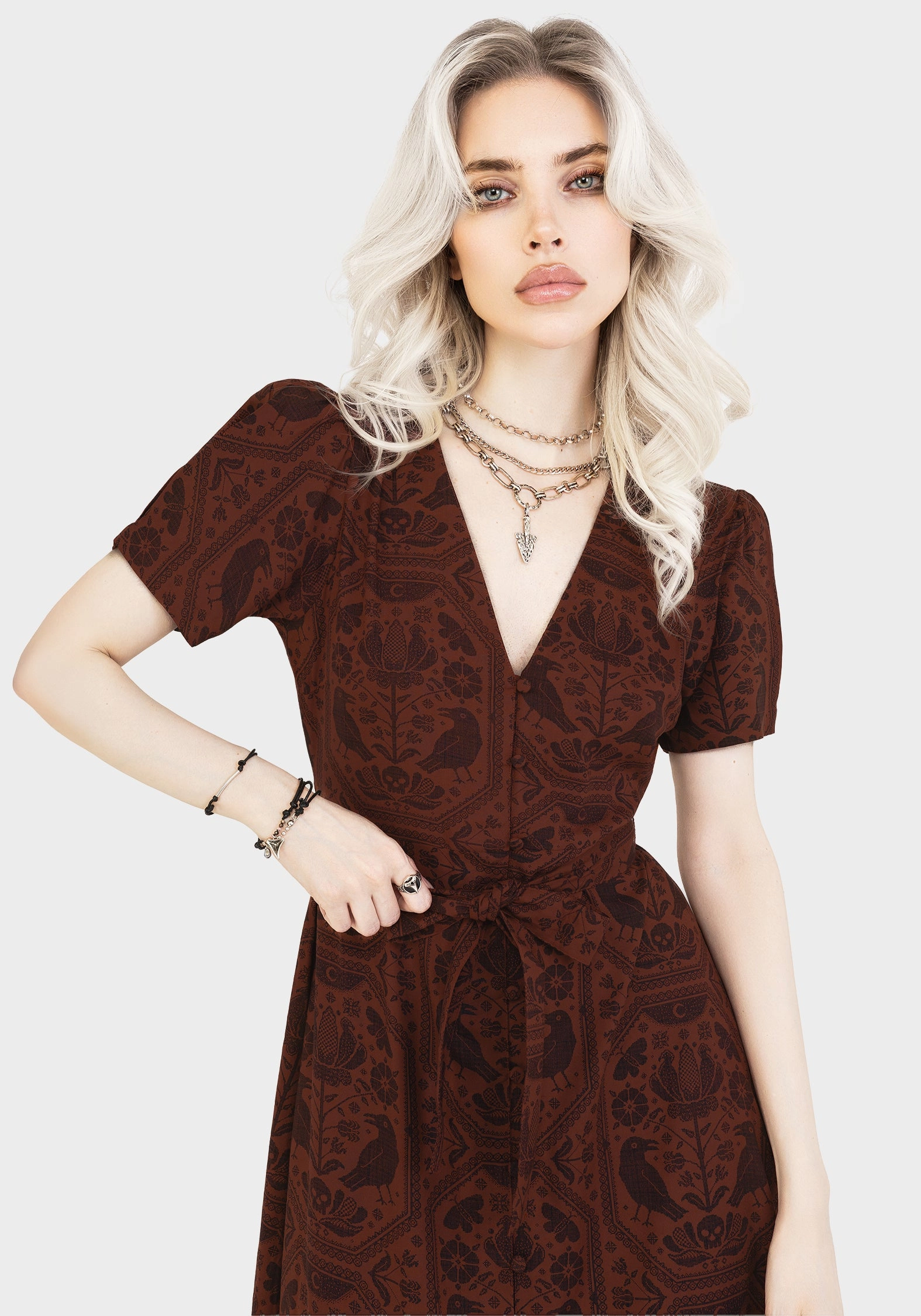 Annabel Raven Print Button Up Midi Dress - Rust