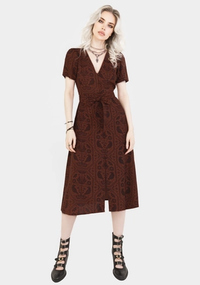 Annabel Raven Print Button Up Midi Dress - Rust Dresses Womens - formal gowns cheap