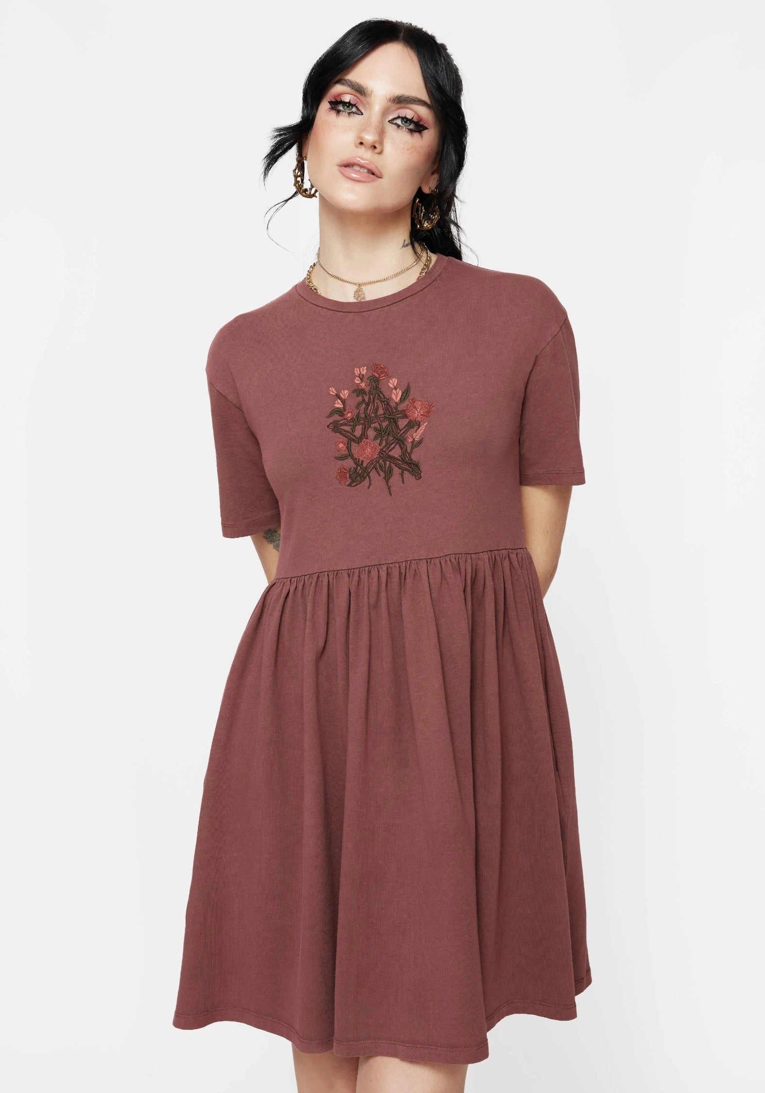 Aster Cotton Pentagram Embroidered Mini Skater Dress Dresses Womens - wedding guest outfits