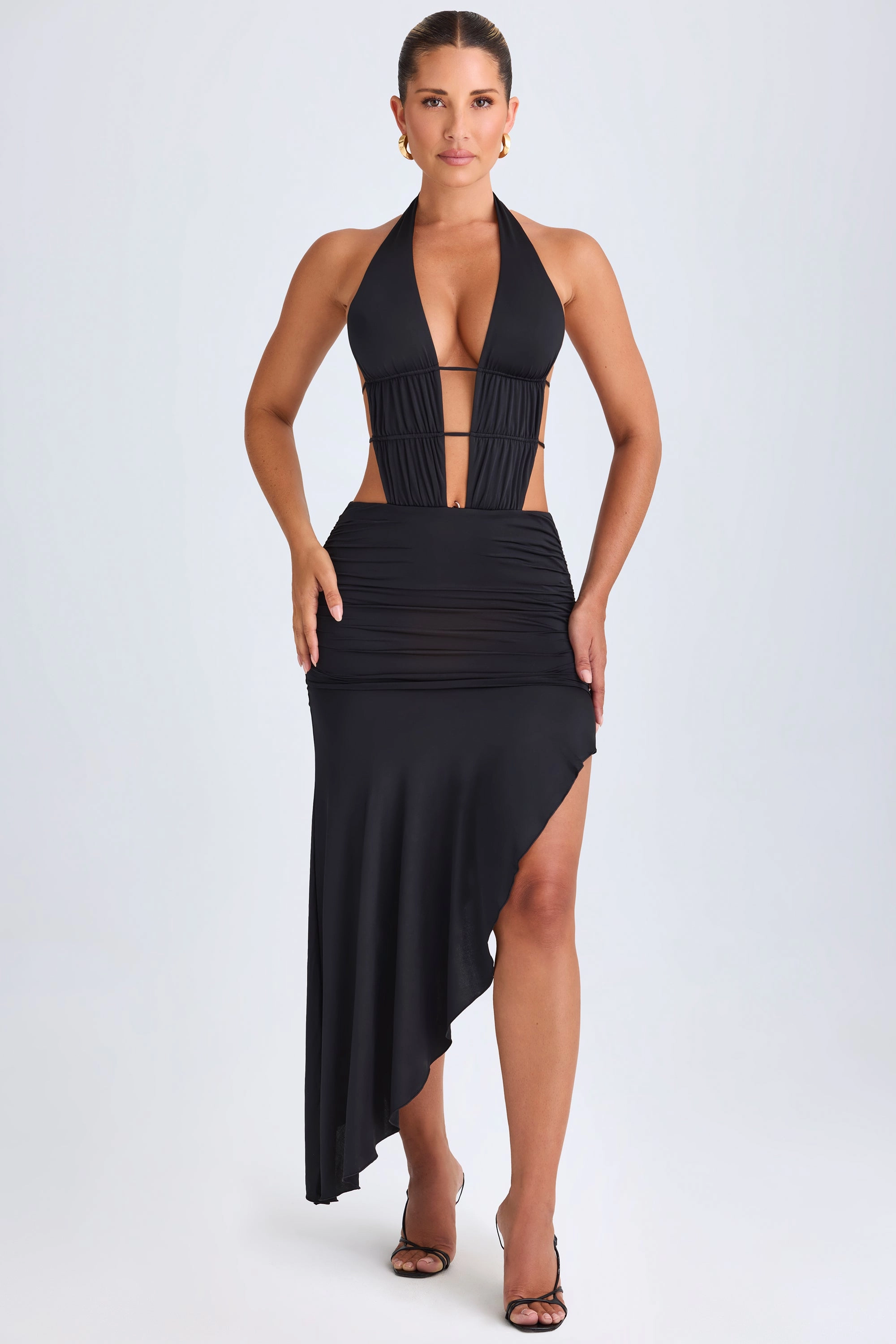Asymmetric Cut-Out Halterneck Midaxi Dress in Black Dresses - sundresses outlet