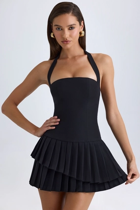 Asymmetric Layered Halterneck Mini Dress in Black Dresses - lace dresses best price