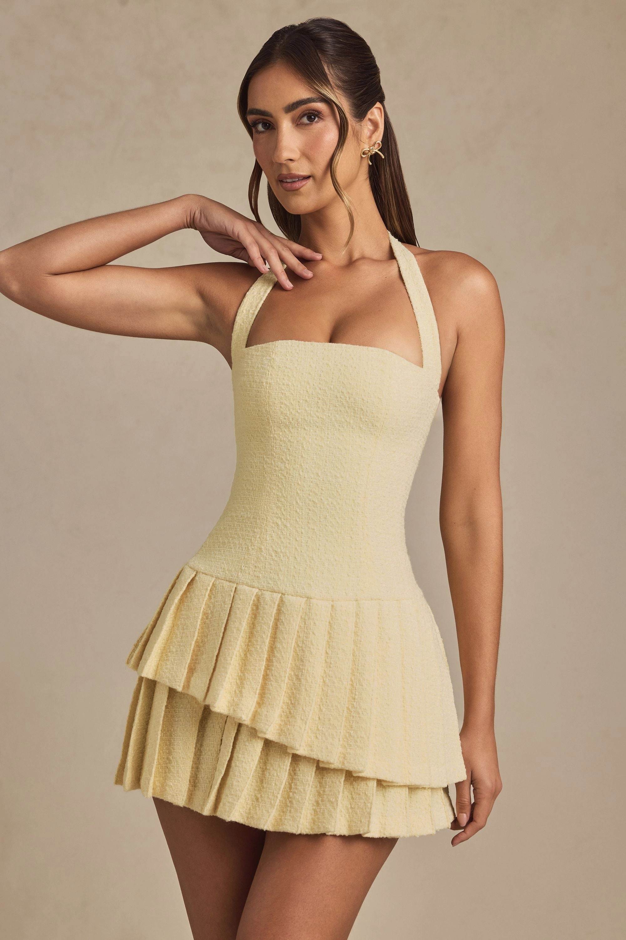Asymmetric Layered Halterneck Mini Dress in Pastel Yellow Dresses - lace dresses best price