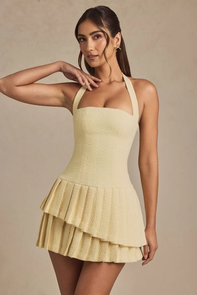 Asymmetric Layered Halterneck Mini Dress in Pastel Yellow Dresses - lace dresses best price