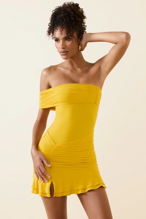 Asymmetric Ruched One-Shoulder Mini Dress in Golden Yellow Dresses - lace dresses best price