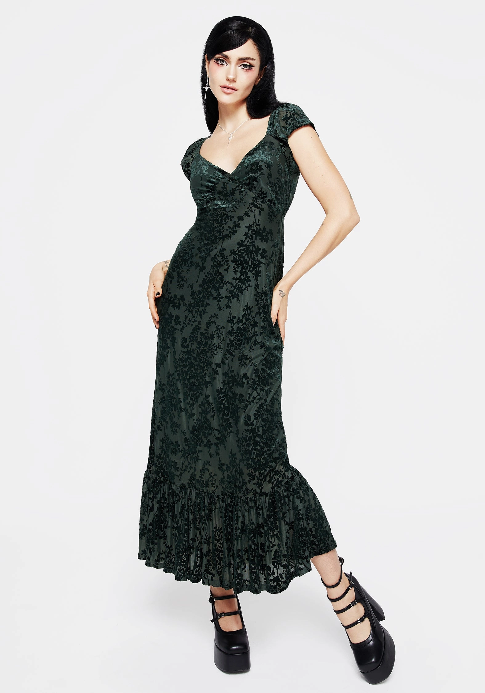 Avalon Floral Flocked Velour Frill Sleeve Midaxi Dress Dresses Womens - beach dresses cheap