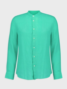 Band-Collar Green Linen Shirt Tops Mens - graphic tees sale
