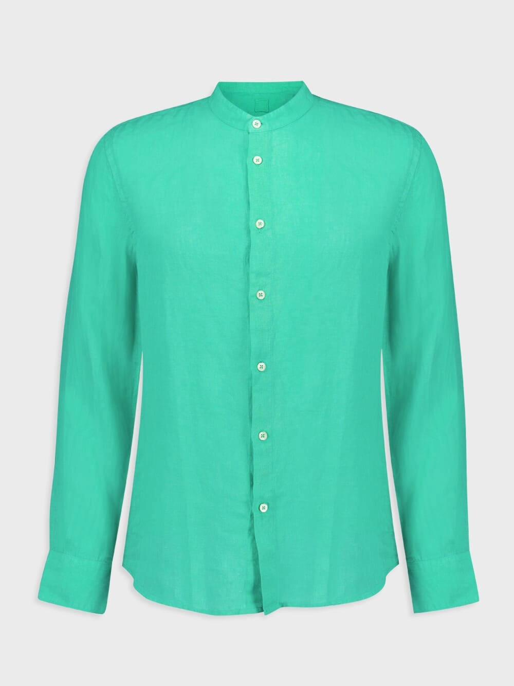 Band-Collar Green Linen Shirt Tops Mens - graphic tees sale