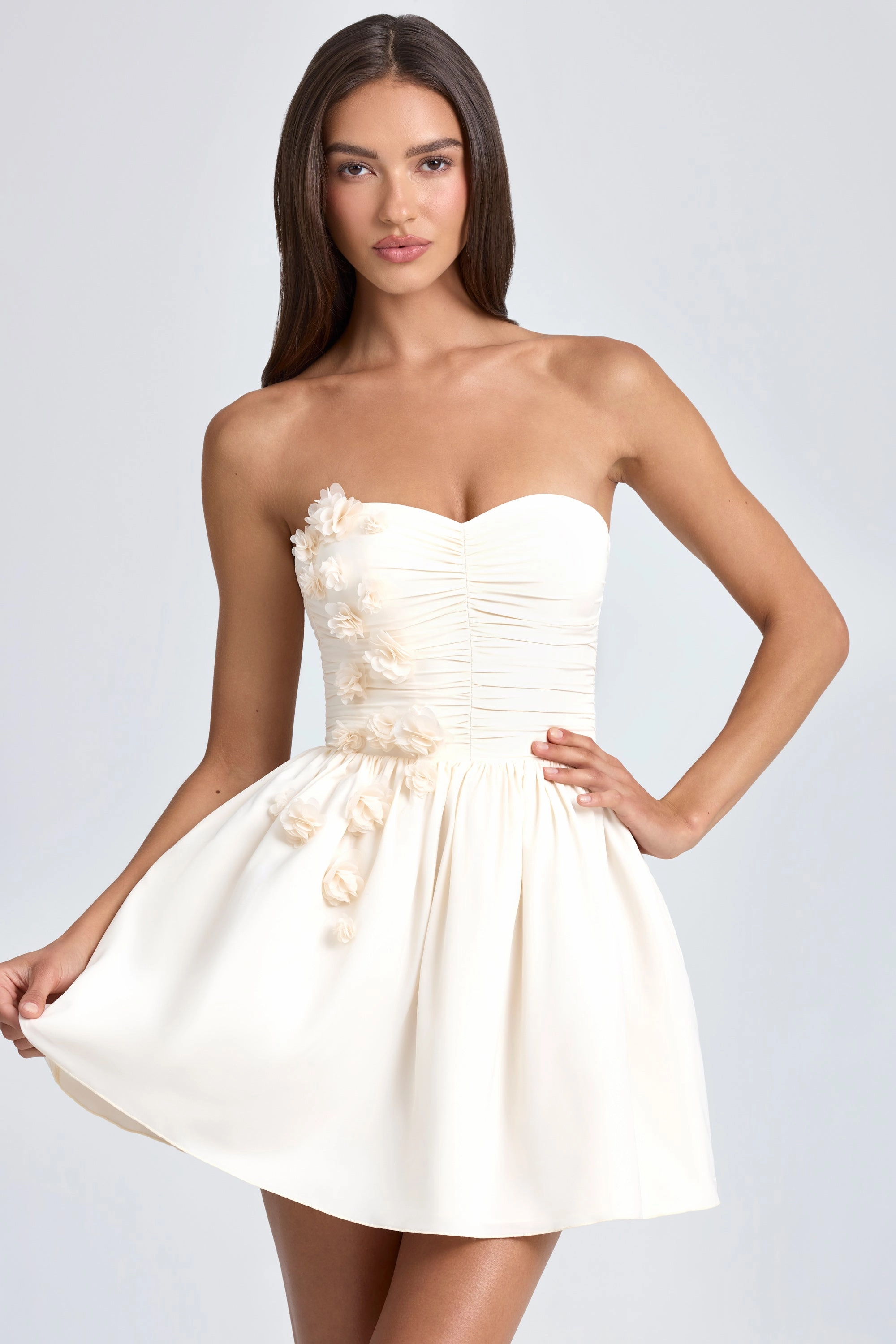 Bandeau Floral-Appliqu Corset Mini Dress in Ivory Dresses - sundresses outlet