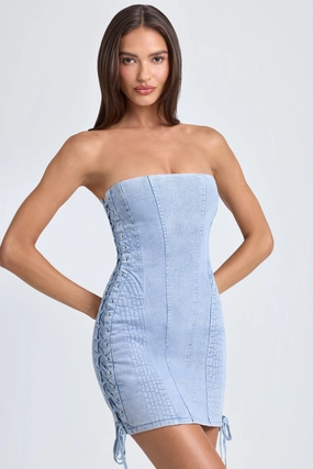 Bandeau Lace-Up Mini Dress in Light Blue Stonewash Dresses - wrap dresses discount