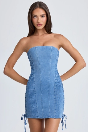 Bandeau Lace-Up Mini Dress in Mid Blue Stonewash Dresses - lace dresses best price