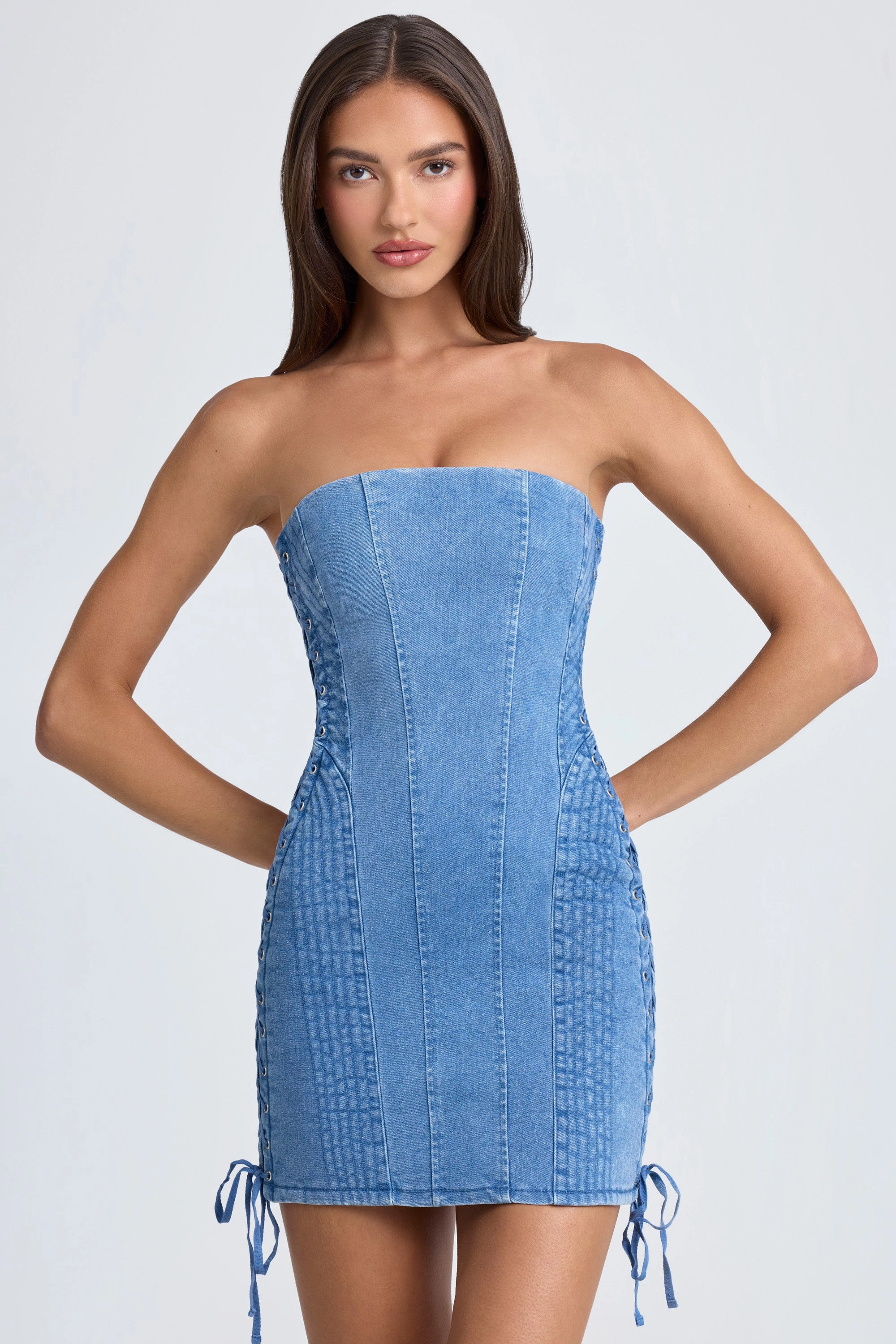 Bandeau Lace-Up Mini Dress in Mid Blue Stonewash Dresses - lace dresses best price