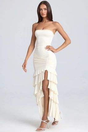 Bandeau Ruched Ruffle-Trim Maxi Dress in Ivory Dresses - sundresses outlet