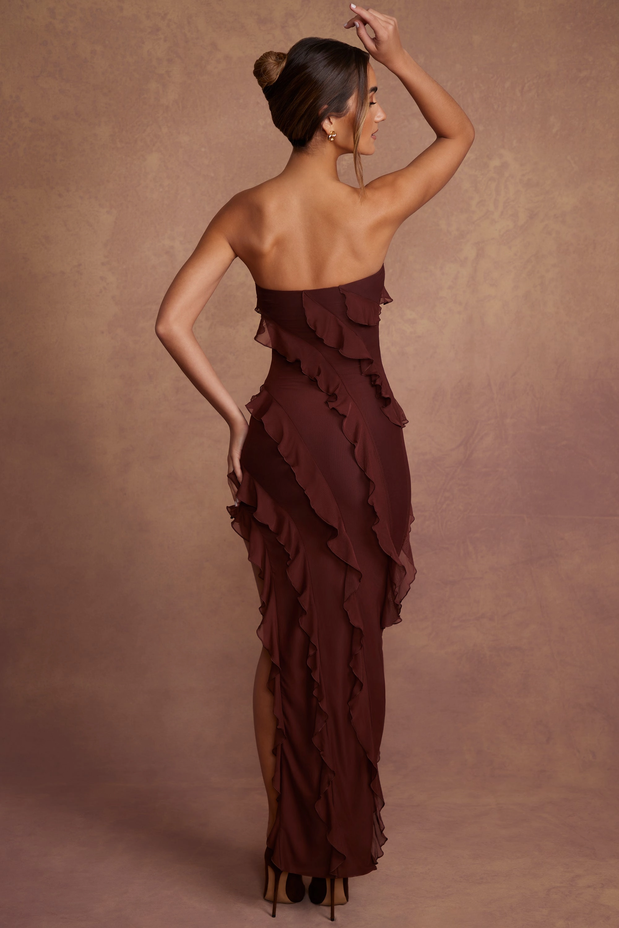 Bandeau Ruffle Detail Maxi Dress in Brown