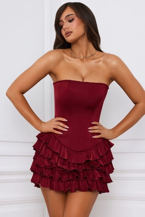 Bandeau Ruffled Tiered Corset Mini Dress in Berry Red Dresses - lace dresses best price