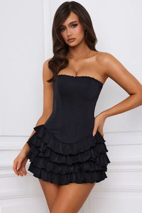 Bandeau Ruffled Tiered Corset Mini Dress in Black Dresses - lace dresses best price