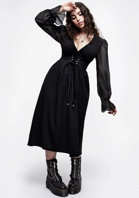 Banished Lace Up Sheer Sleeve Midi Dress Dresses Womens - beach dresses cheap
