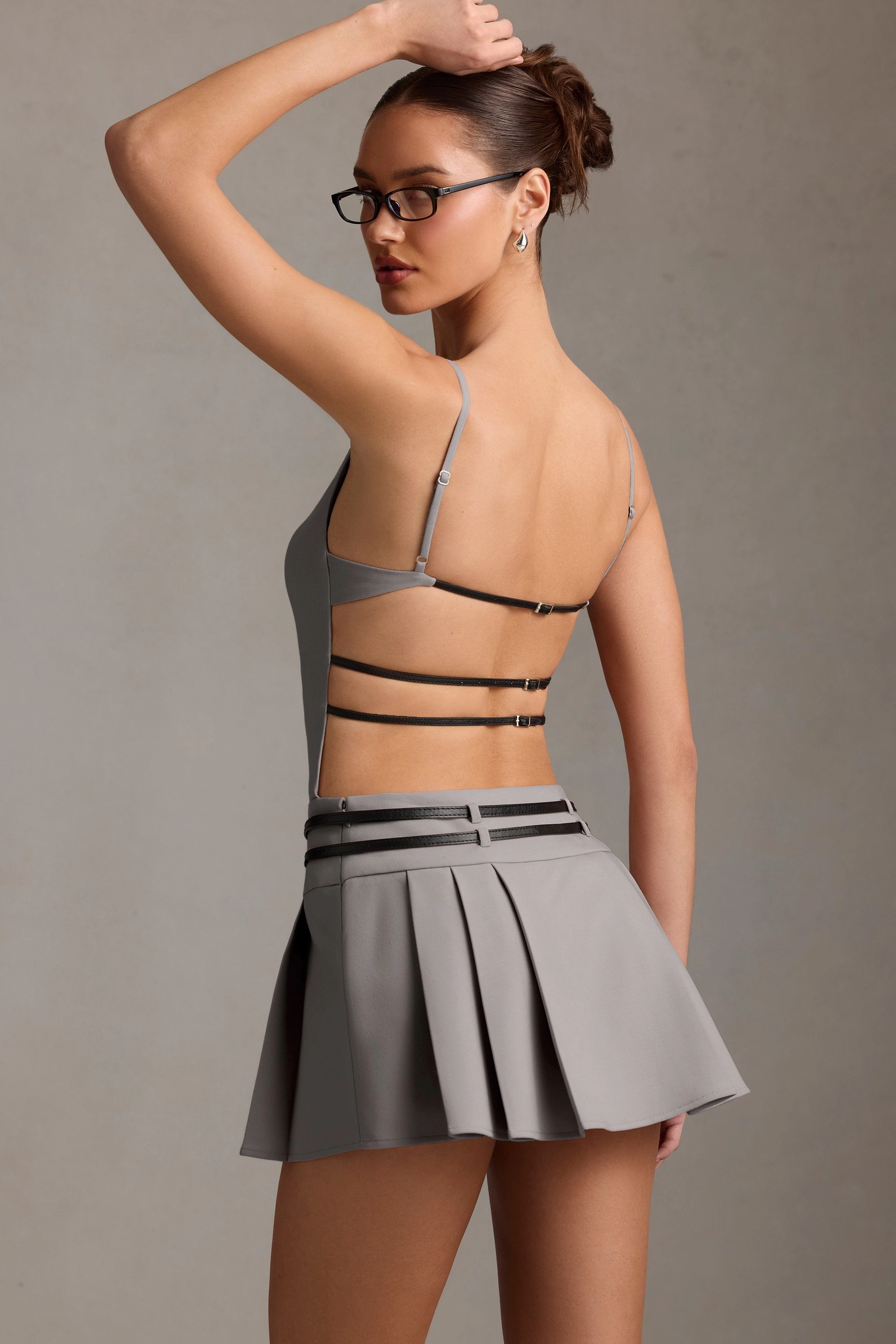 Belted Backless Pleated Mini Dress in Grey