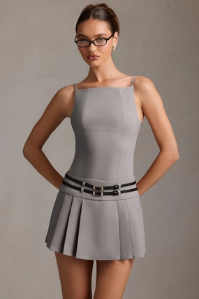 Belted Backless Pleated Mini Dress in Grey Dresses - sundresses outlet