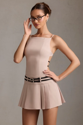Belted Backless Pleated Mini Dress in Mushroom Dresses - wrap dresses discount