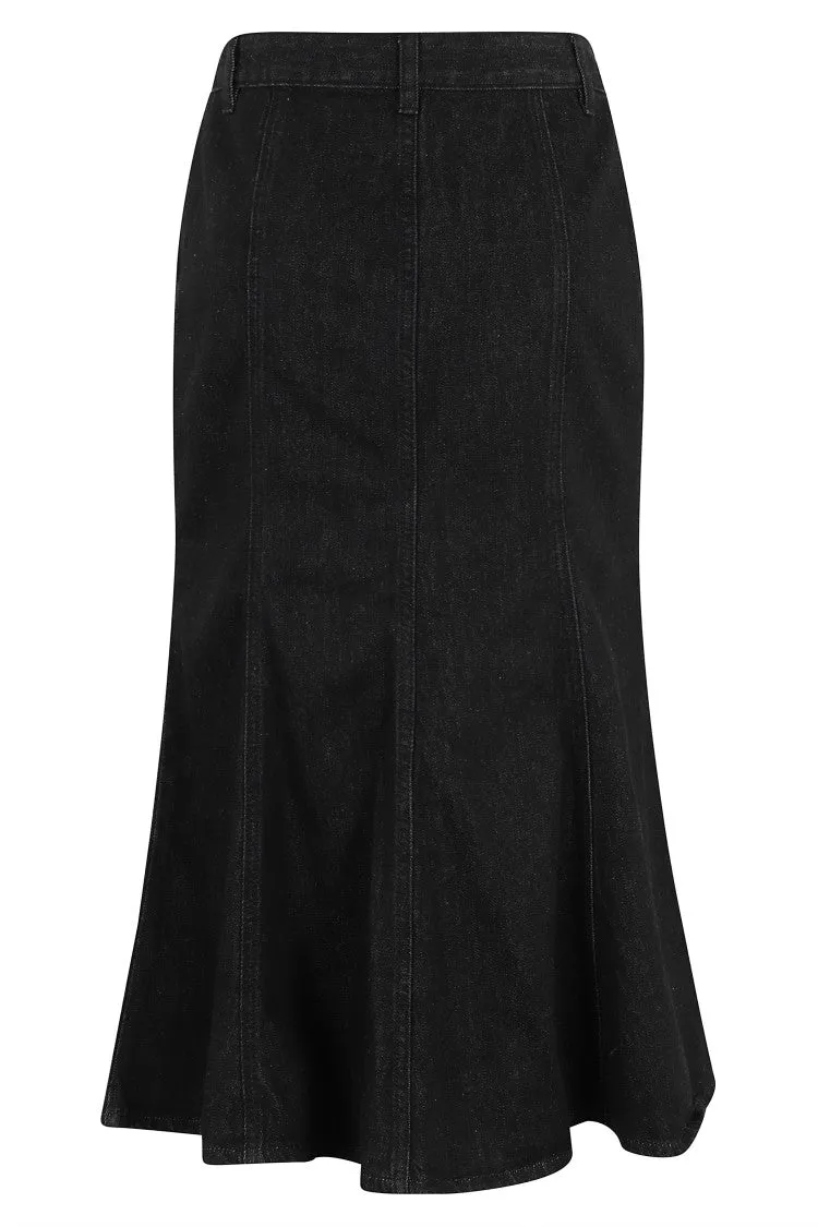 Black Flared Denim Midi Skirt