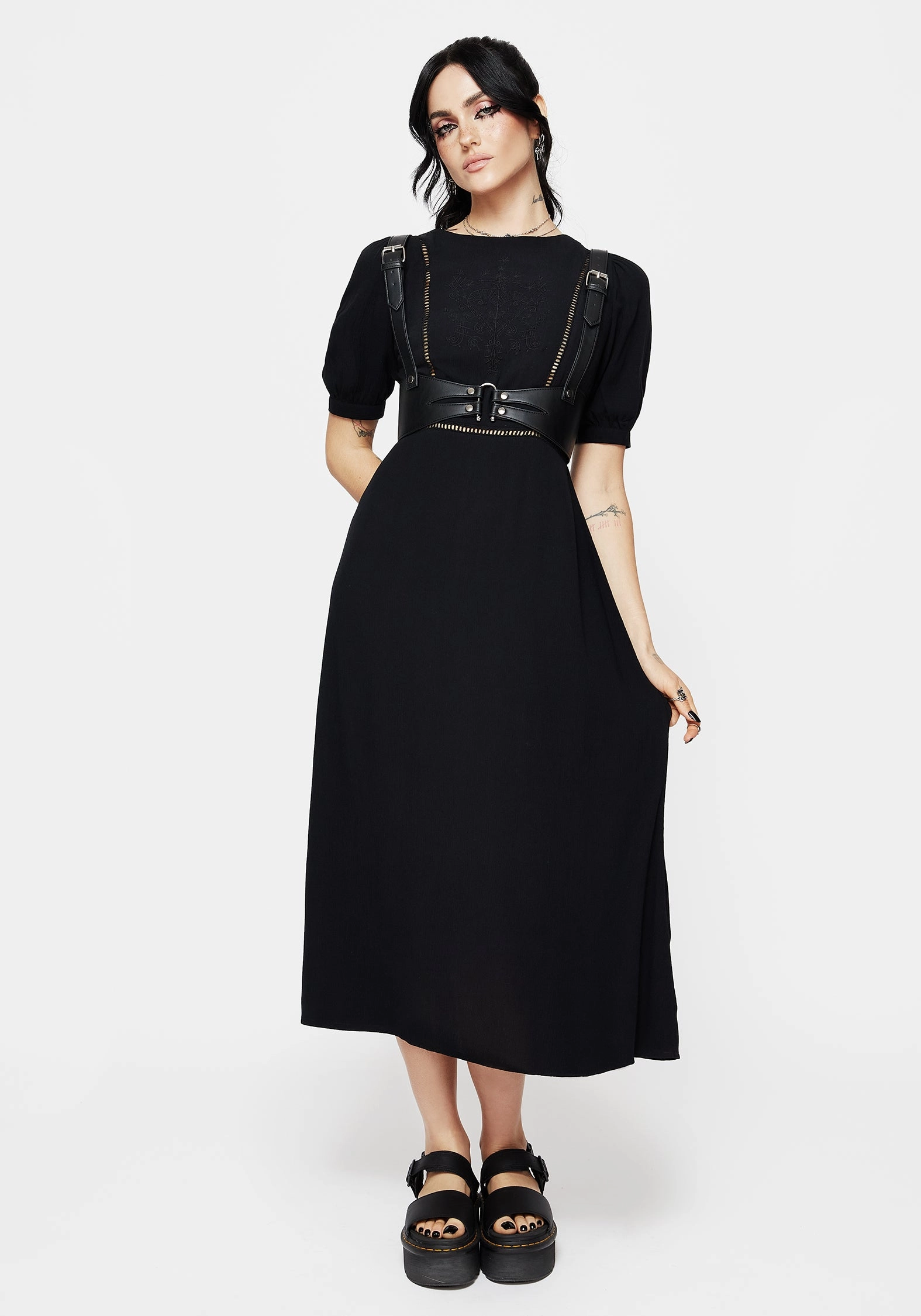 Blessing Puff Sleeve Tie Back Midi Dress Dresses Womens - wedding guest outfits