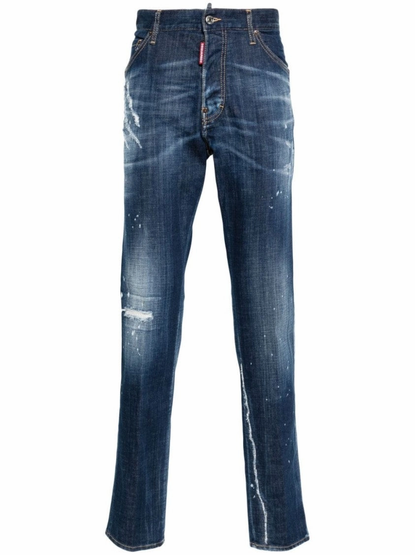 Blue Cotton Blend Denim Tapered Pants