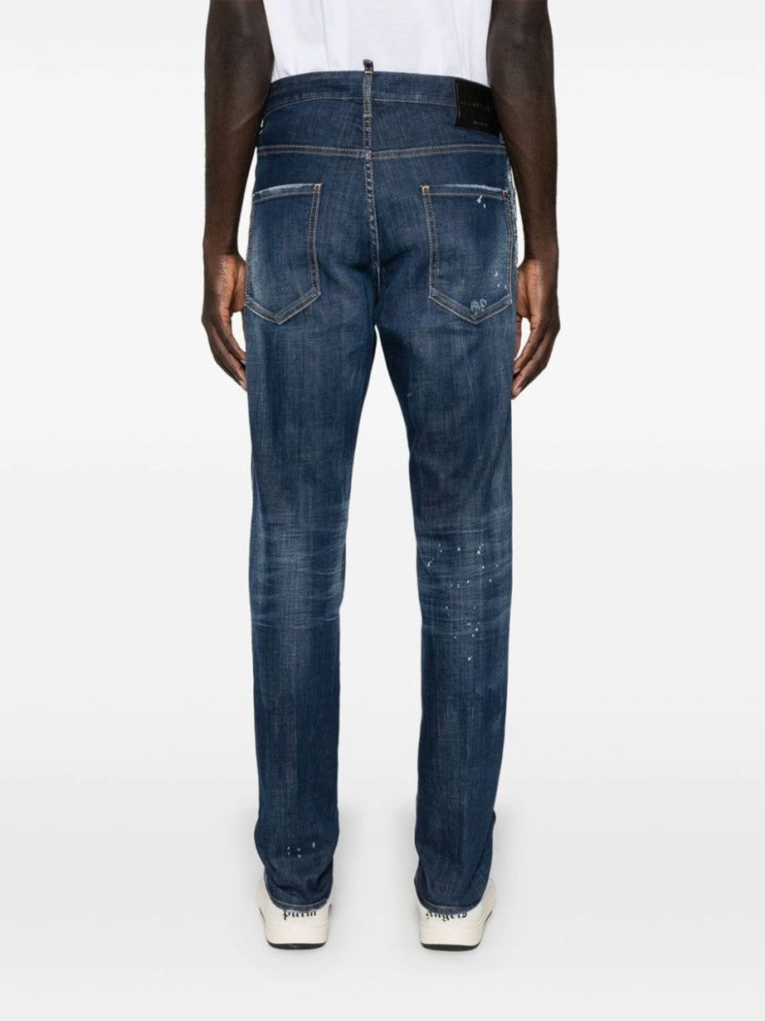 Blue Cotton Blend Denim Tapered Pants