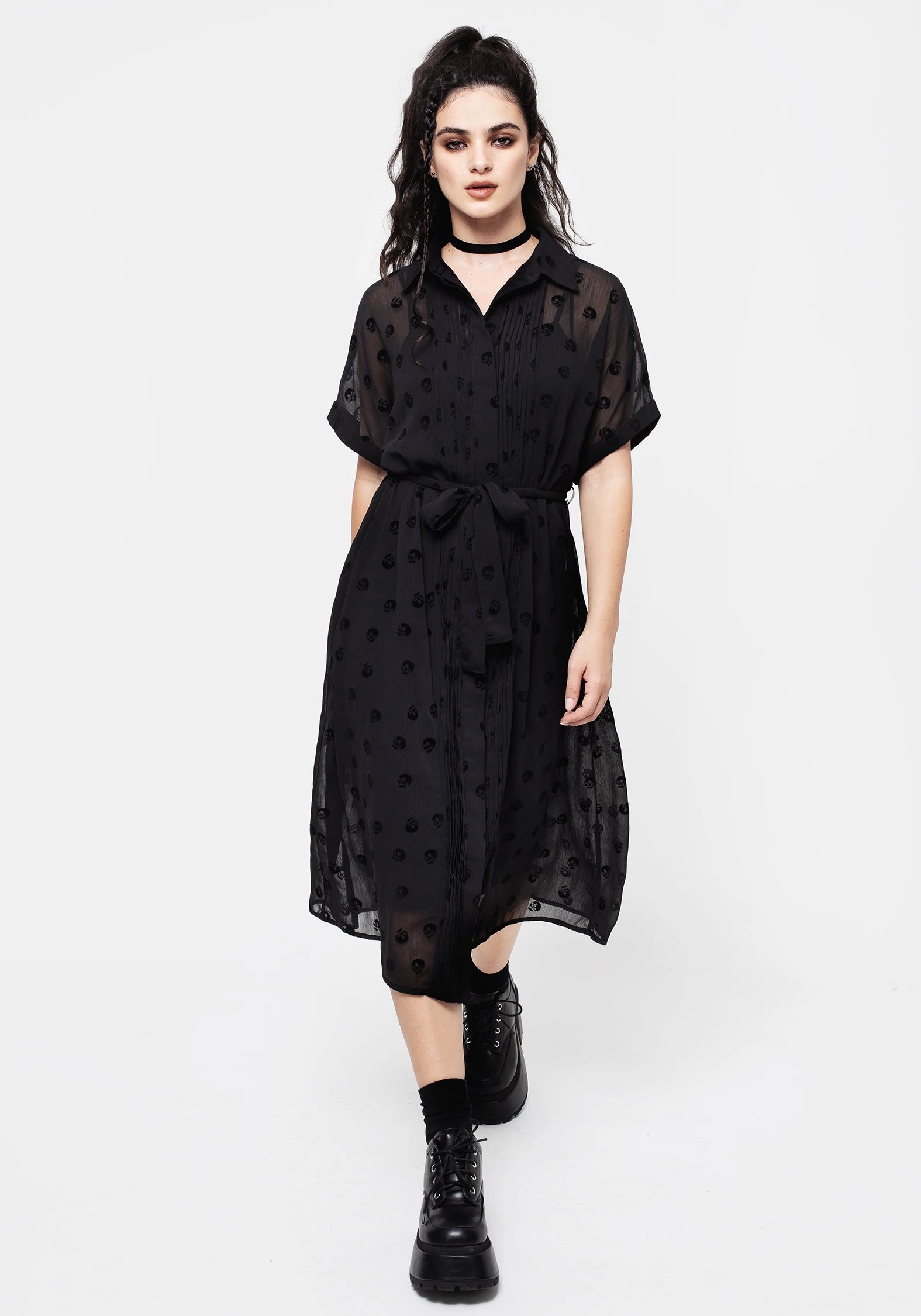 Bones Flocked Pintuck Chiffon Midi Shirt Dress