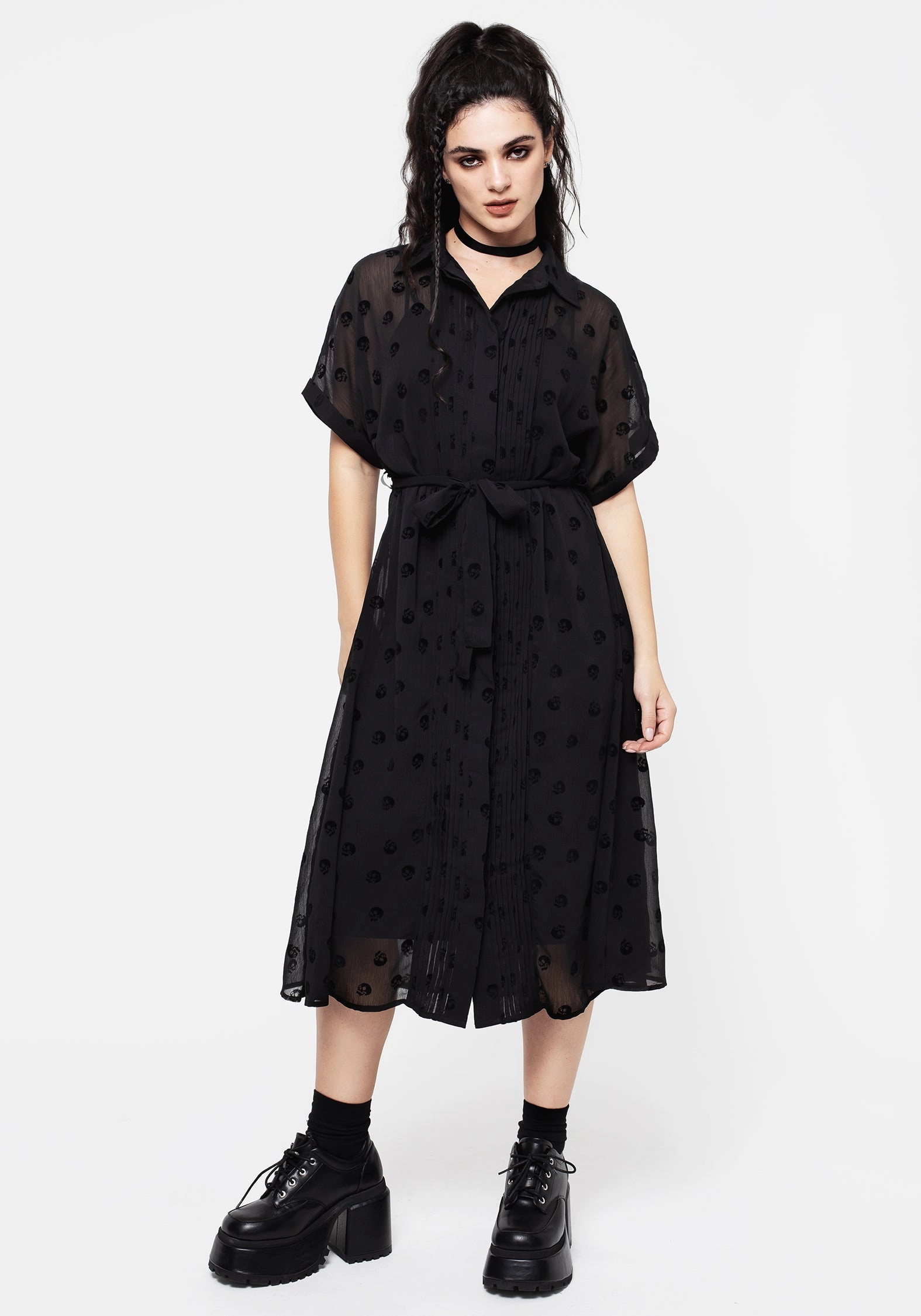Bones Flocked Pintuck Chiffon Midi Shirt Dress Dresses Womens - beach dresses cheap