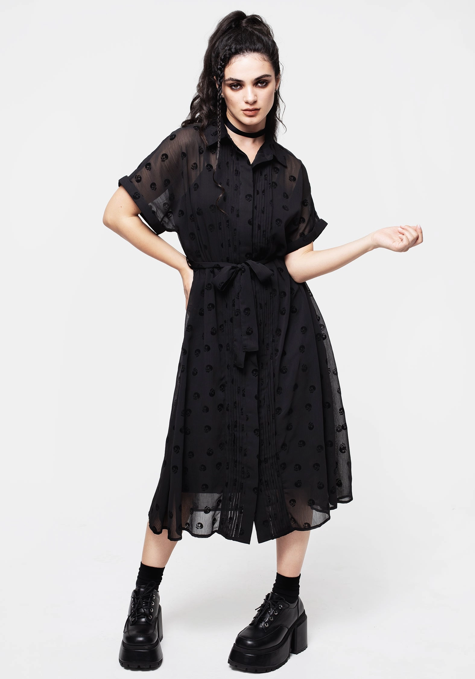 Bones Flocked Pintuck Chiffon Midi Shirt Dress