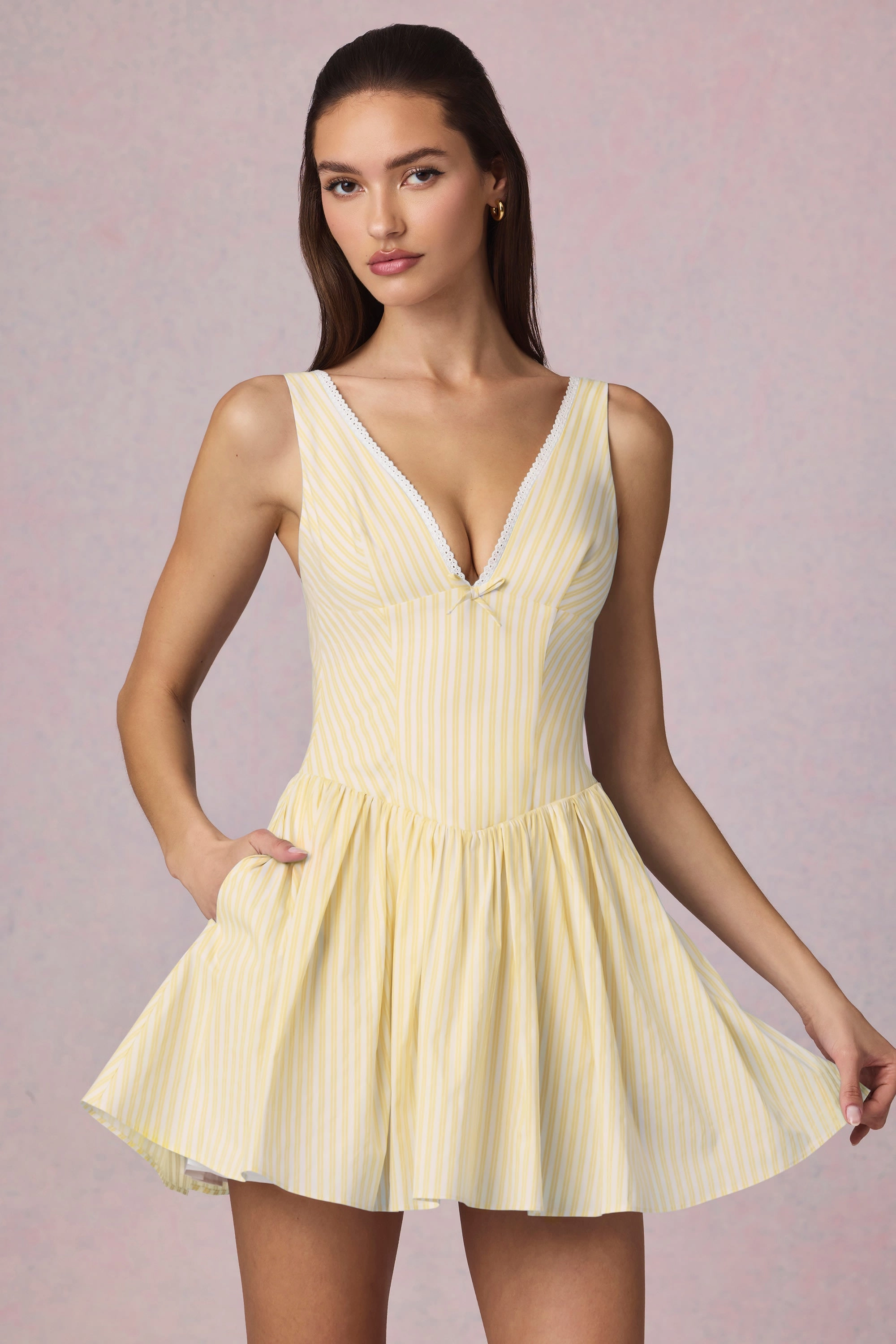 Bow-Detail A-Line Mini Dress in Lemon Yellow Stripe Dresses - lace dresses best price