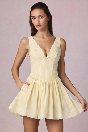 Bow-Detail A-Line Mini Dress in Lemon Yellow Stripe Dresses - lace dresses best price