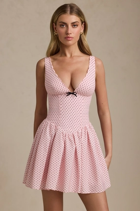 Bow-Detail A-Line Mini Dress in Pink Polka Dot Dresses - lace dresses best price