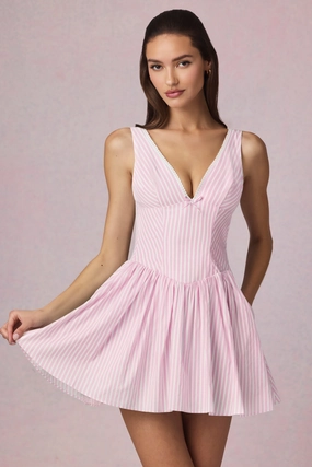 Bow-Detail A-Line Mini Dress in Soft Mauve Stripe Dresses - lace dresses best price
