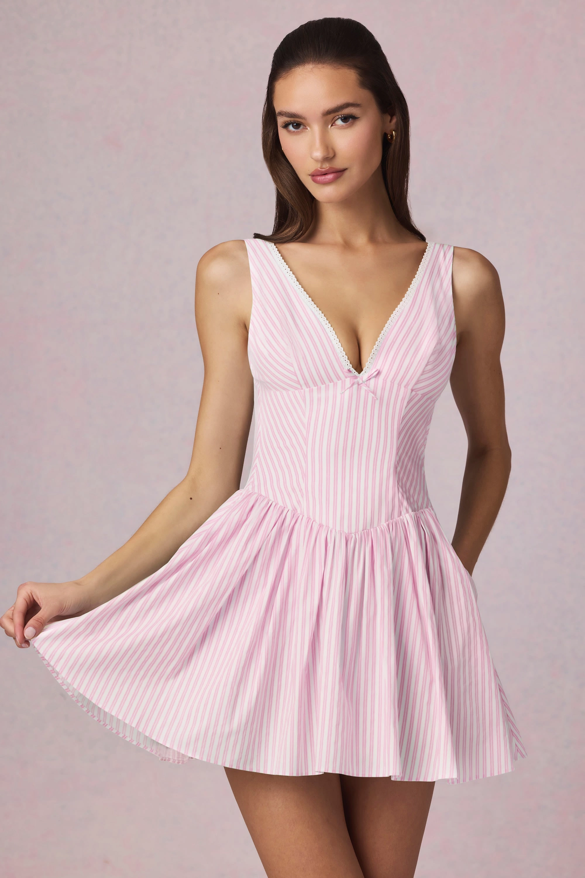 Bow-Detail A-Line Mini Dress in Soft Mauve Stripe Dresses - lace dresses best price