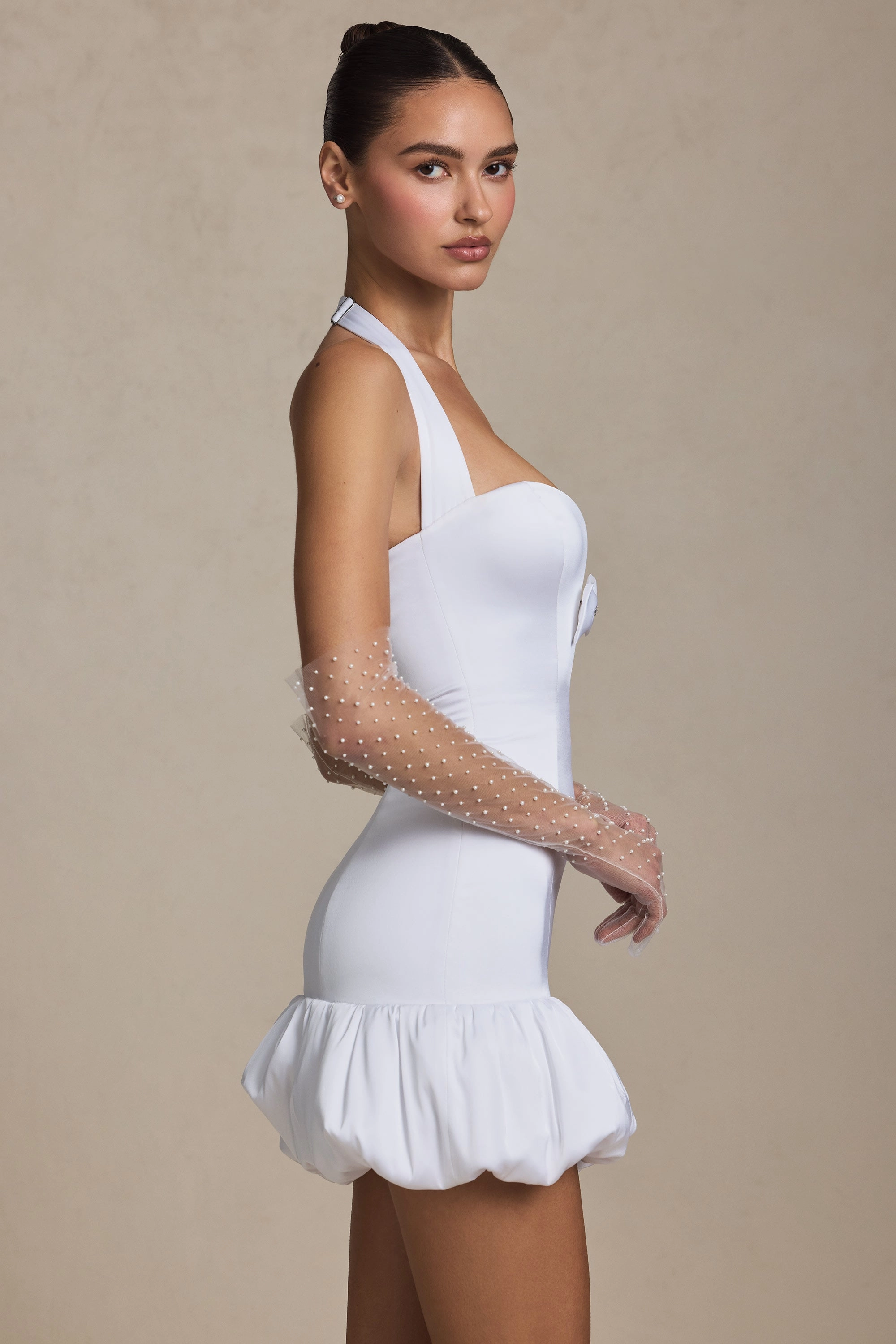 Bow-Detail Halterneck Bubble Hem Mini Dress in White