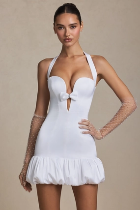Bow-Detail Halterneck Bubble Hem Mini Dress in White Dresses - sundresses outlet