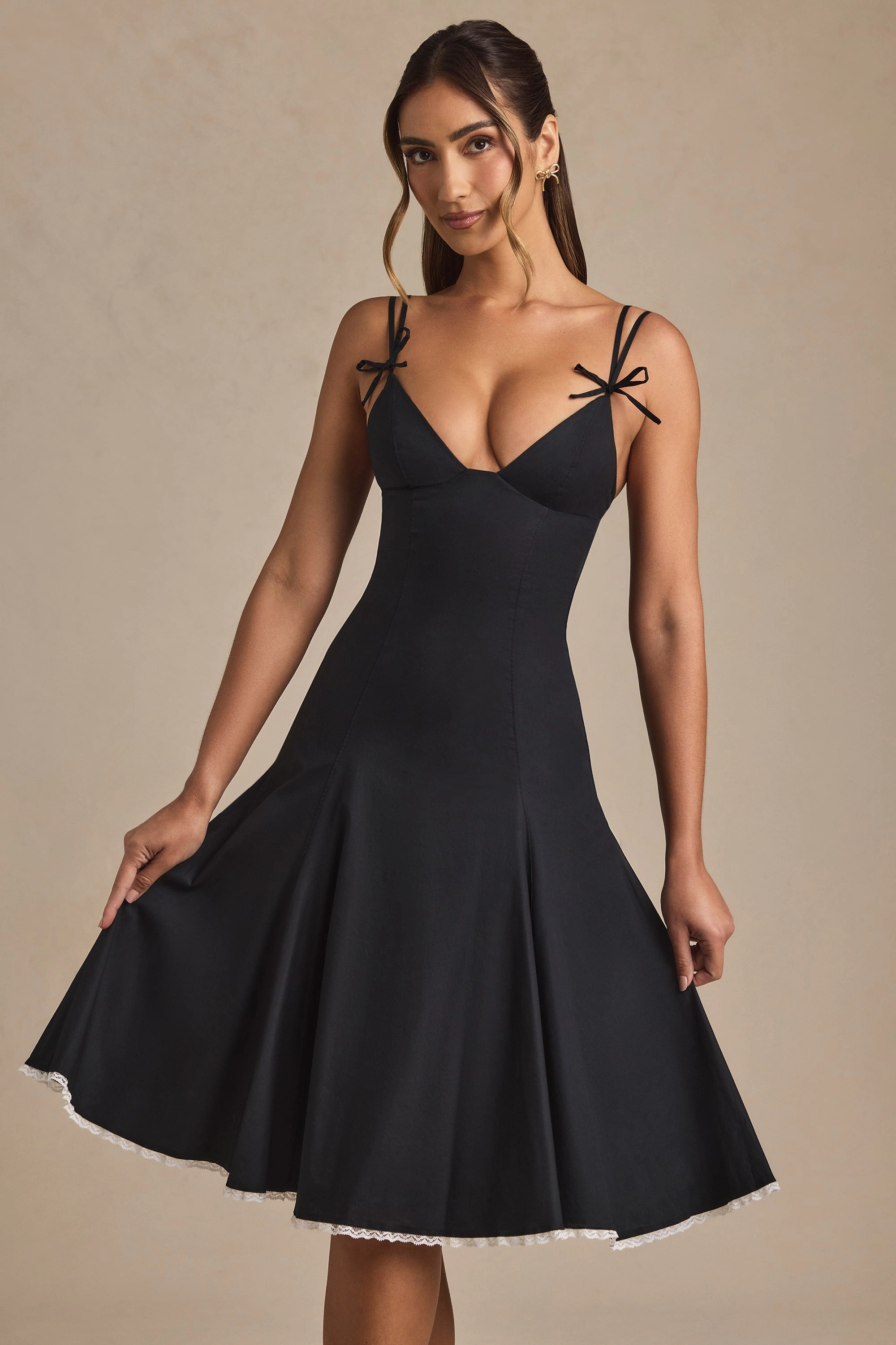 Bow-Detail Lace-Trim A-Line Midi Dress in Black Dresses - midi dresses clearance