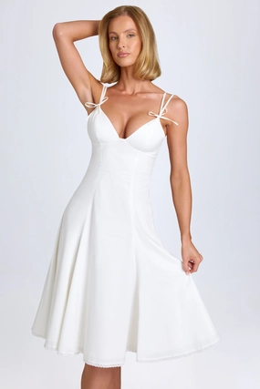 Bow-Detail Lace-Trim A-Line Midi Dress in White Dresses - midi dresses clearance