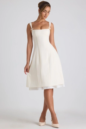 Bow-Detail Pleated A-Line Midi Dress in Ivory Dresses - sundresses outlet