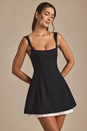 Bow-Detail Pleated A-Line Mini Dress in Black Dresses - sundresses outlet