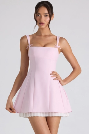 Bow-Detail Pleated A-Line Mini Dress in Soft Pink Dresses - lace dresses best price