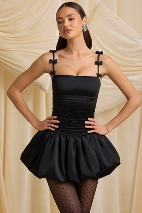 Bow-Detail Ruched Bubble Hem Mini Dress in Black Dresses - lace dresses best price
