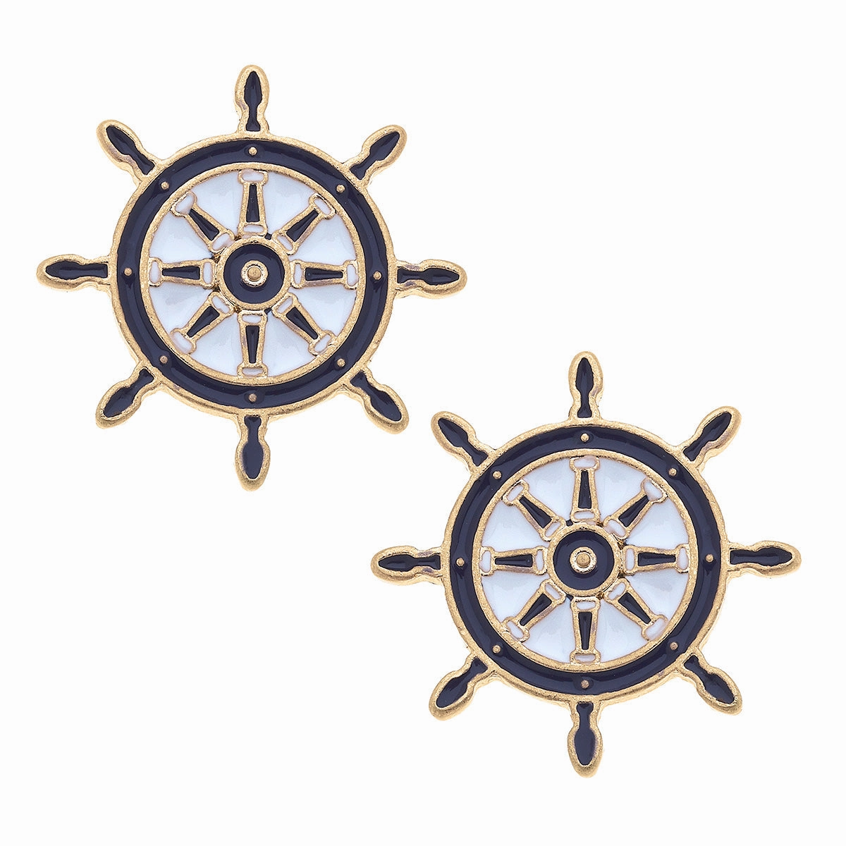 Bridget Enamel Nautical Ship's Wheel Stud Earrings - Navy & White