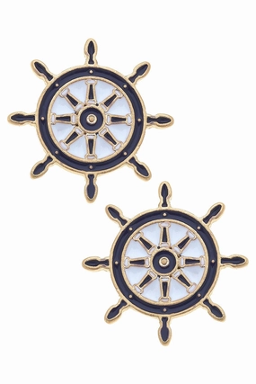 Bridget Enamel Nautical Ship's Wheel Stud Earrings - Navy & White summer dresses best deals