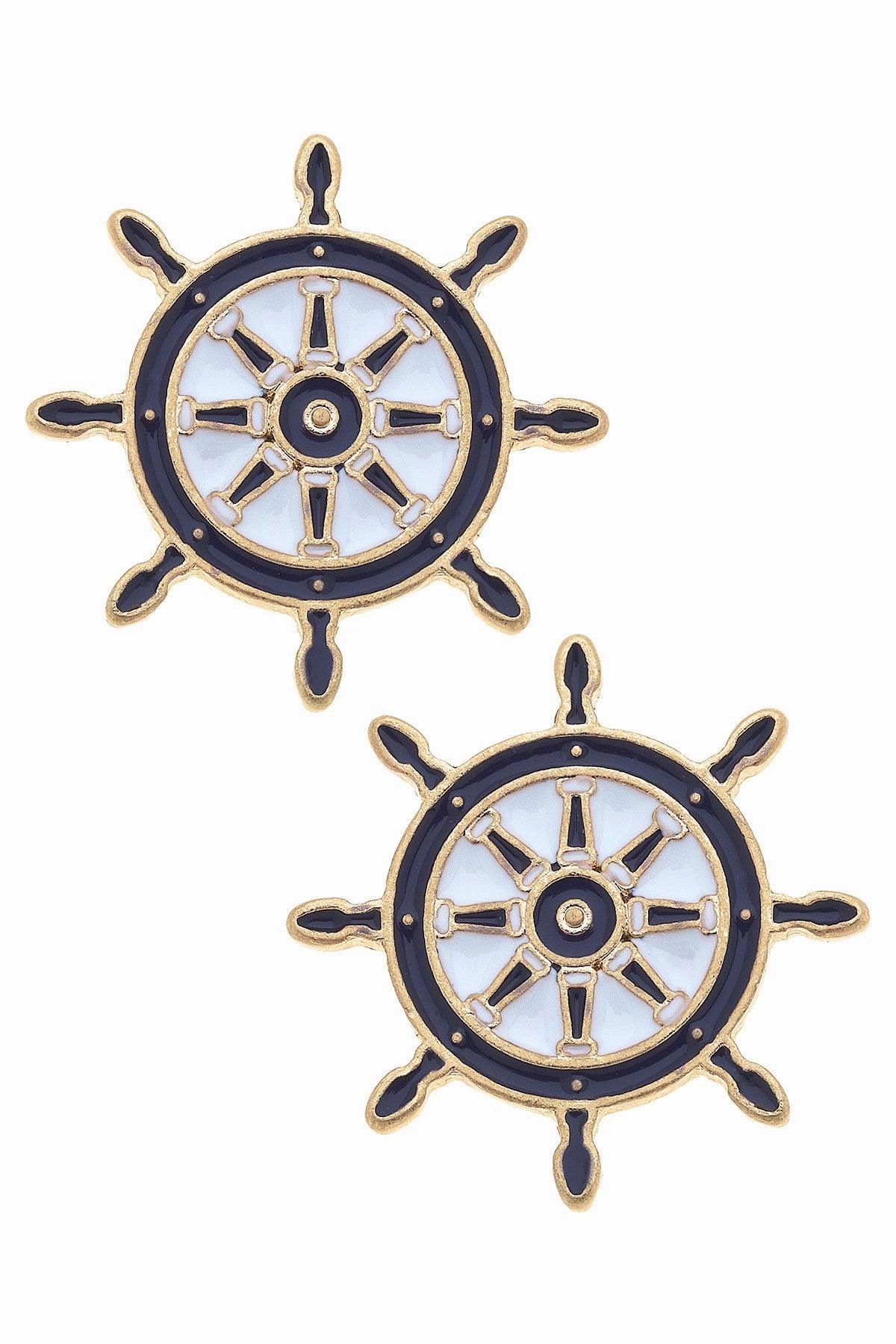 Bridget Enamel Nautical Ship's Wheel Stud Earrings - Navy & White summer dresses best deals