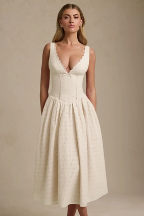 Broderie Anglaise Bow-Detail A-Line Midaxi Dress in Ivory Dresses - sundresses outlet